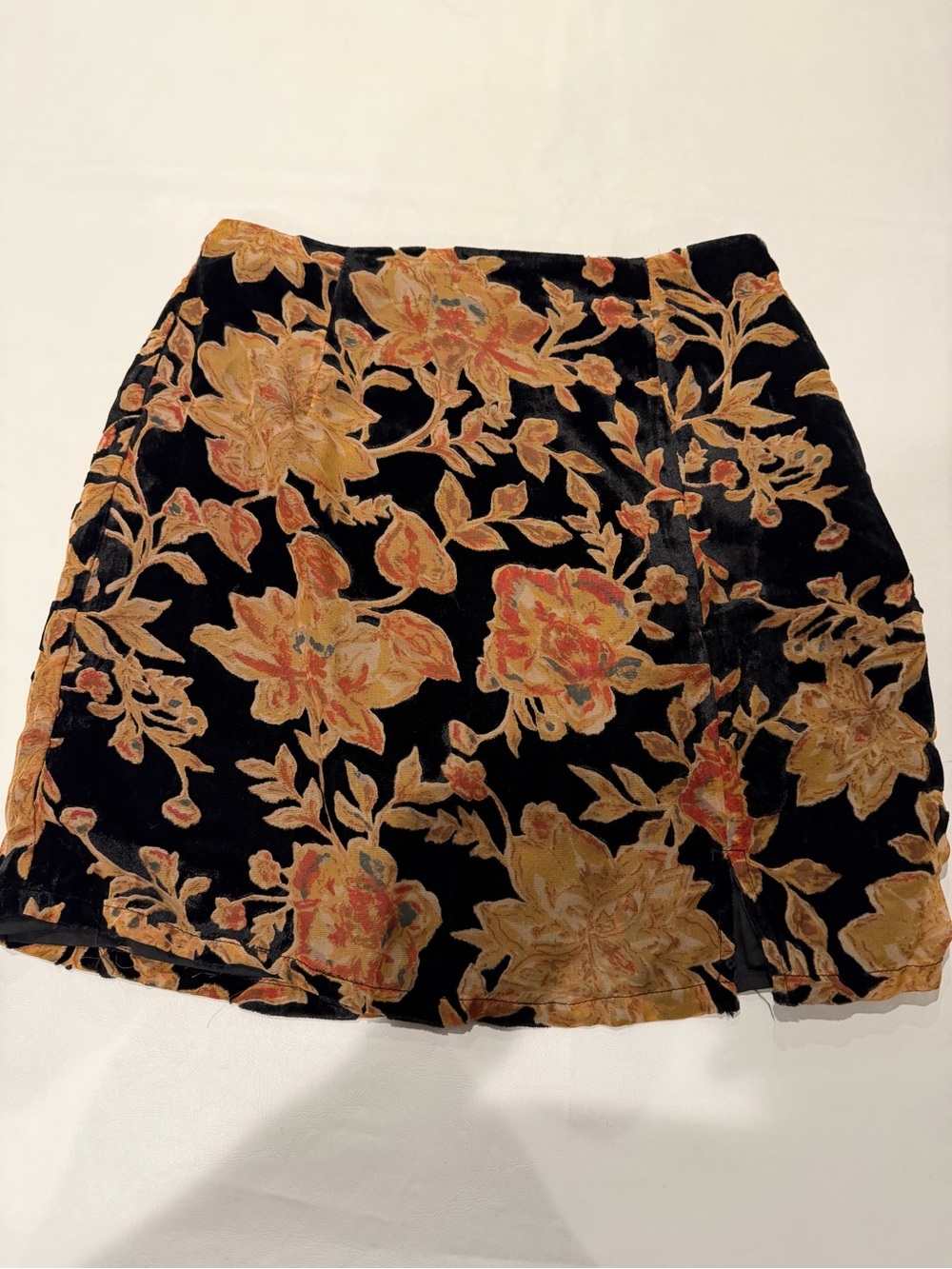 Lost + Wander Black Velvet Mini Skirt with Gold Floral Devore